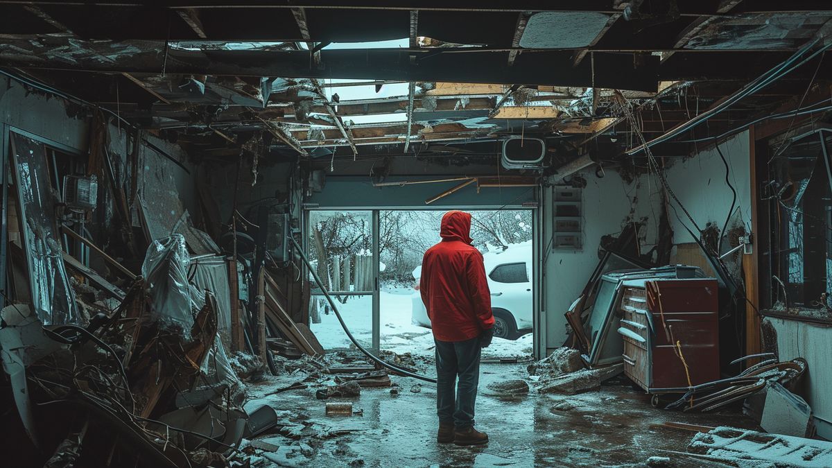 Insurance agent inspecting a stormdamaged garage in disasterstricken city