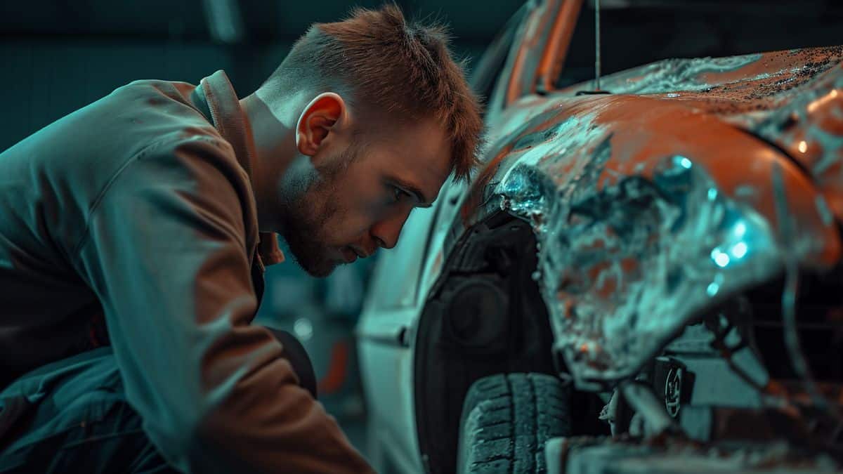Car mechanic examining damaged vehicle during garage insurance inspection