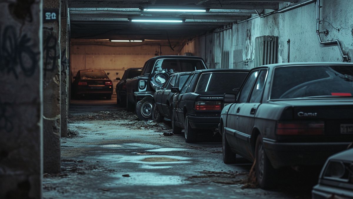 Cars parked crammed in a garage, with broken doors and unpainted walls.