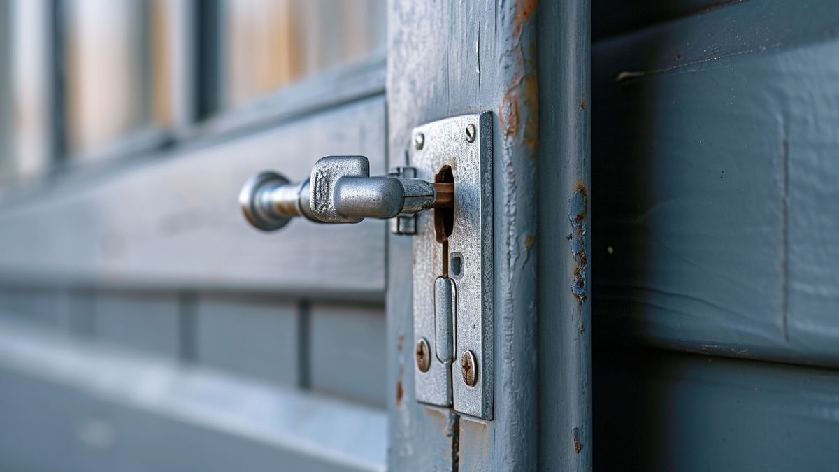 Closeup of a garage door lock being securely fastened